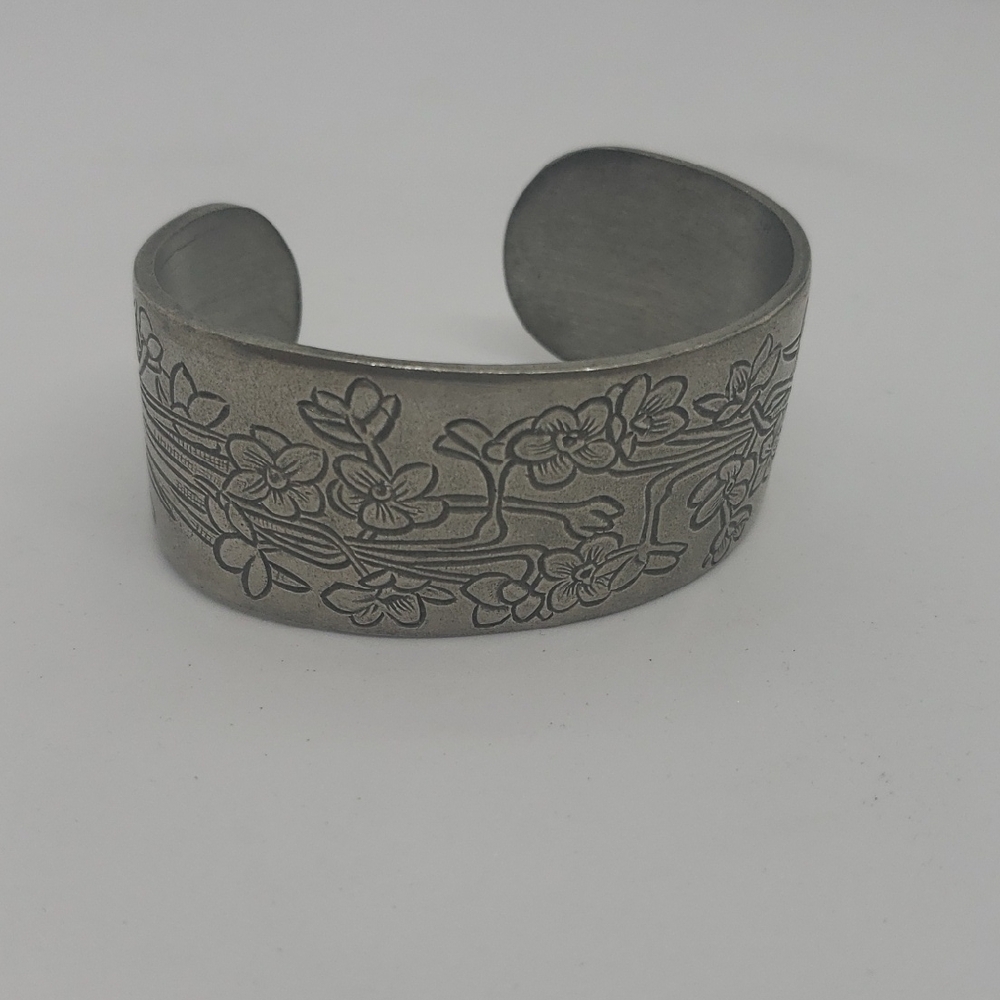 Salisbury Pewter "December" Floral Pewter Cuff Bracelet